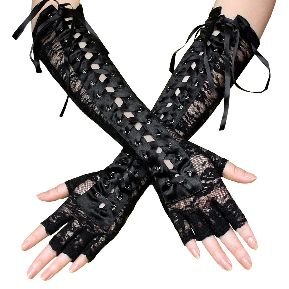 1Pair Women Sexy Lace Long Glove Fingerless Fishnet Mesh Punk Disco Mittens Clubwear Dance Cosplay Party Costumes Glove