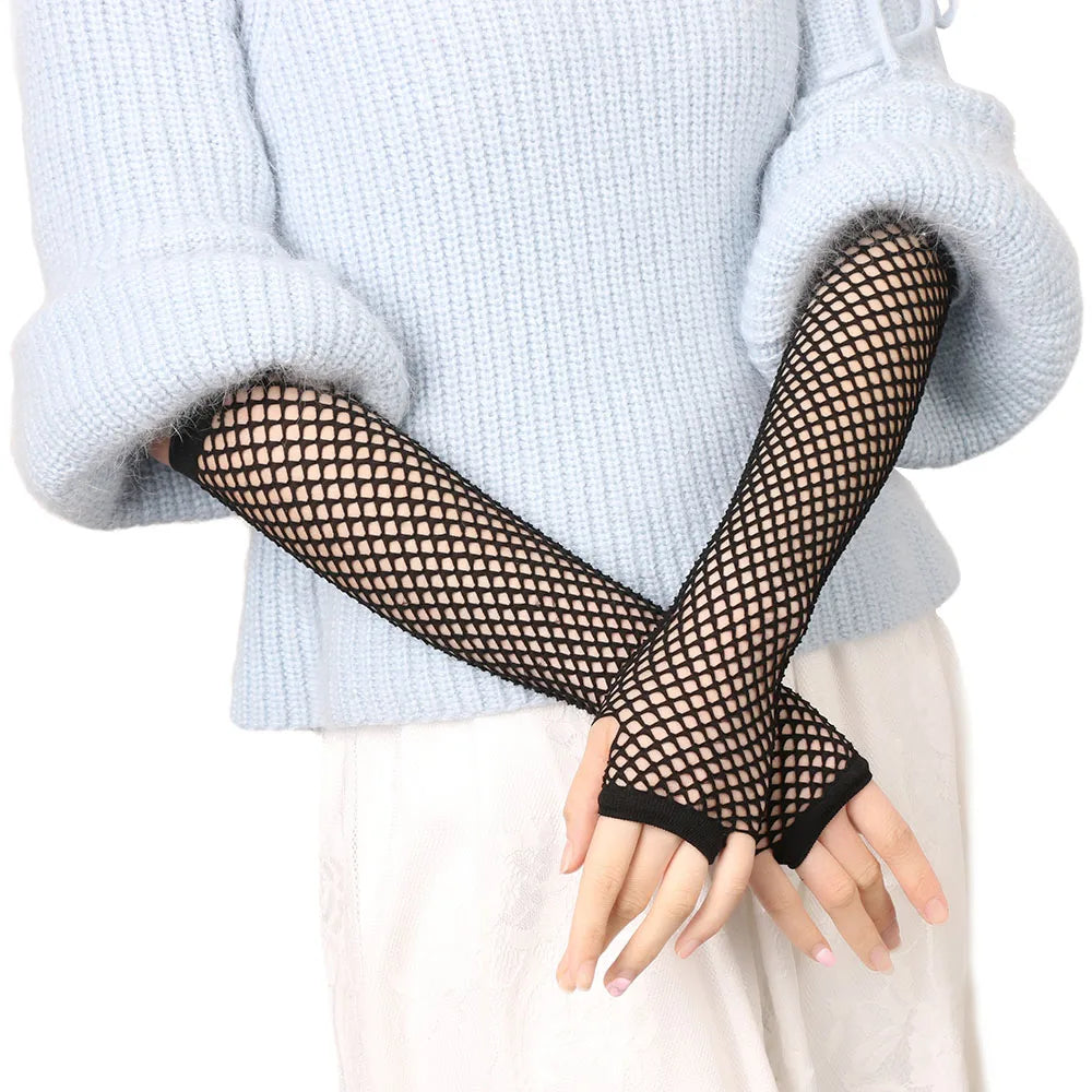 1Pair Women Sexy Lace Long Glove Fingerless Fishnet Mesh Punk Disco Mittens Clubwear Dance Cosplay Party Costumes Glove