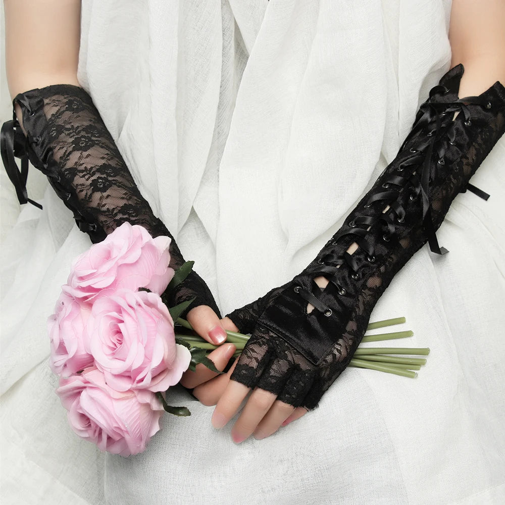 1Pair Women Sexy Lace Long Glove Fingerless Fishnet Mesh Punk Disco Mittens Clubwear Dance Cosplay Party Costumes Glove