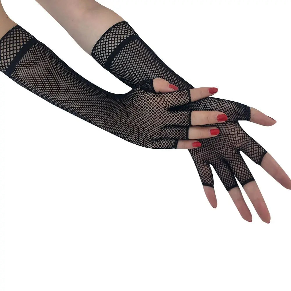 1Pair Women Sexy Lace Long Glove Fingerless Fishnet Mesh Punk Disco Mittens Clubwear Dance Cosplay Party Costumes Glove